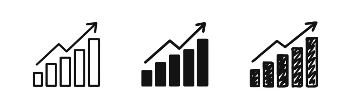 Growing bar chart with upward arrow icon set, success and progress symbol