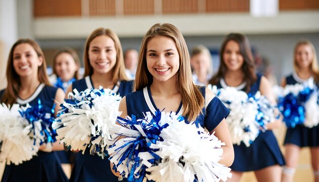 Group of young women in blue and white uniforms, holding pom-poms and smiling cheerfully. They appear to be cheerleaders