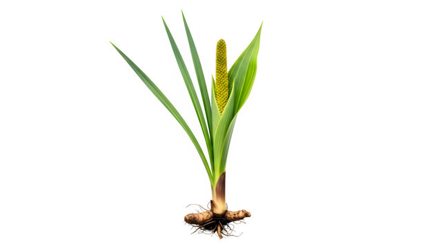 Sweet Flag Acorus Calamus Plant with Rhizome and Flower Spike Isolated on White