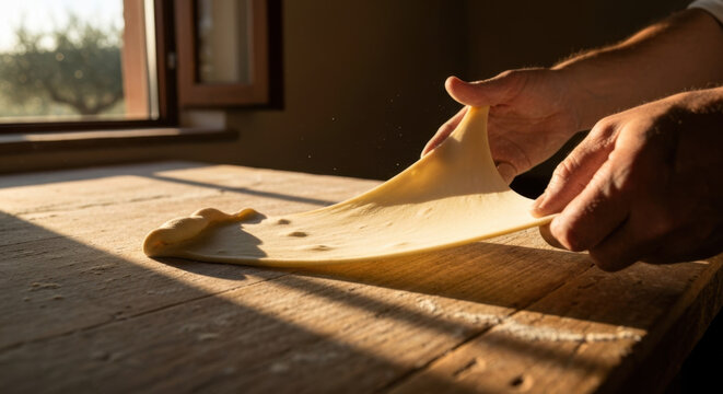 Skilled Hands Stretching Translucent Dough for Traditional Ligurian Focaccia di Recco with Golden Hour Light