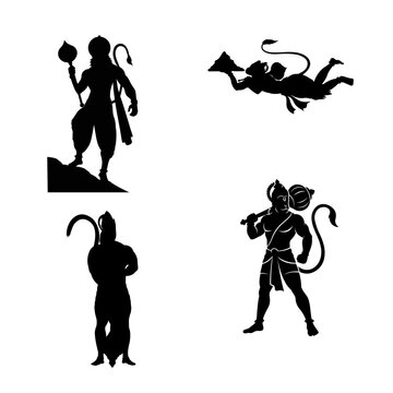 Lord Hanuman Silhouette Set - Bajrangbali Vector Poses for Spiritual Design
