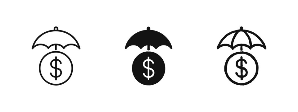 Umbrella protecting dollar coin icon set, financial protection and insurance concept