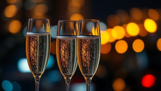 shallow. Two champagne glasses with bubbling liquid, set against a backdrop of warm city lights at night. bar promotions, beverage menus, designed for product packaging and bar promotions.