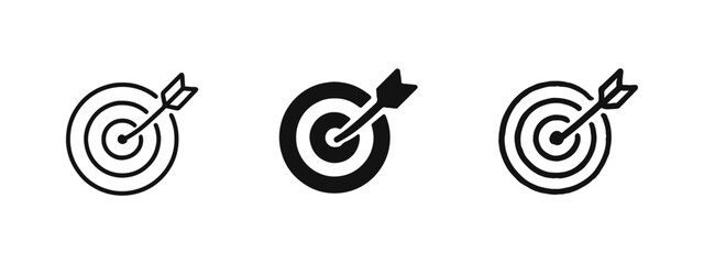 Goal achievement and target marketing icon set with arrow hitting bullseye in three design styles © ICONS FOR YOU