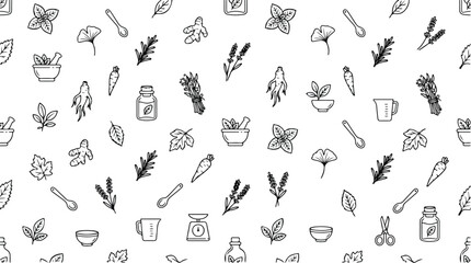 Obraz premium Hand-drawn seamless pattern of botanical elements and kitchen tools on a white background for natural remedies