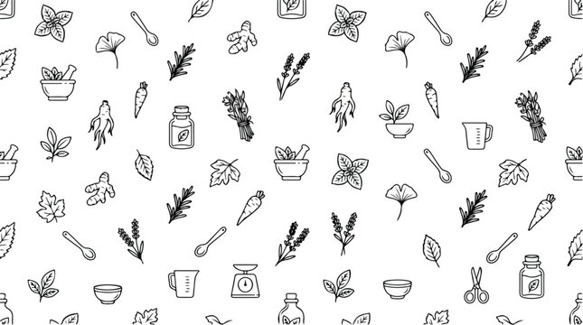 Hand-drawn seamless pattern of botanical elements and kitchen tools on a white background for natural remedies