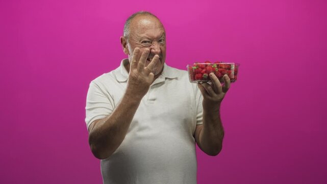 Man holds a container of strawberries in one hand and shows two fingers with the other while smiling in studio; playful healthy snack.