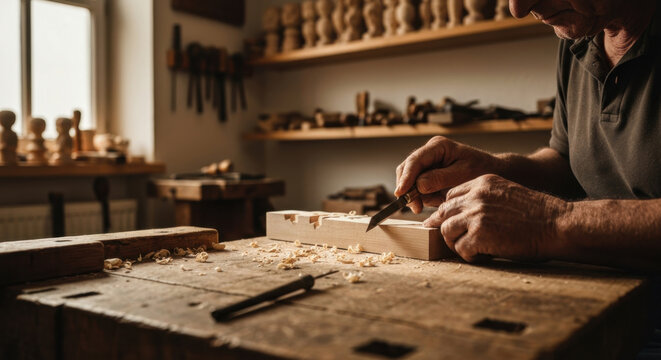 Skilled Black Forest Woodcarver's Hands Intricately Shaping Local Timber in Authentic Artisan Workshop
