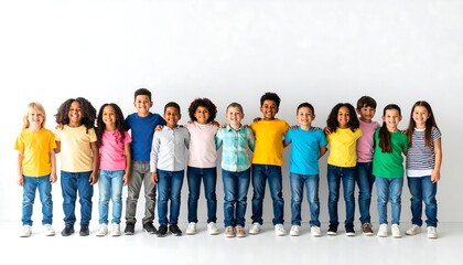 Obraz premium Group portrait of a diverse group of smiling children standing close together, arms around each other, against a white backdrop