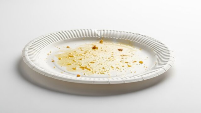 Empty disposable paper plate with food crumbs on a white background.