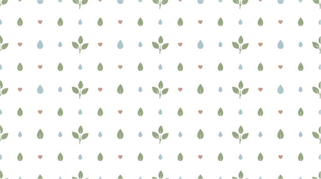 Delicate seamless pattern with small green leaves and light blue dots on a white background