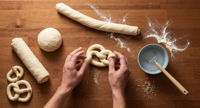 Overhead flat lay of skilled hands shaping traditional Bavarian Brezn pretzel dough on rustic wooden table in warm kitchen