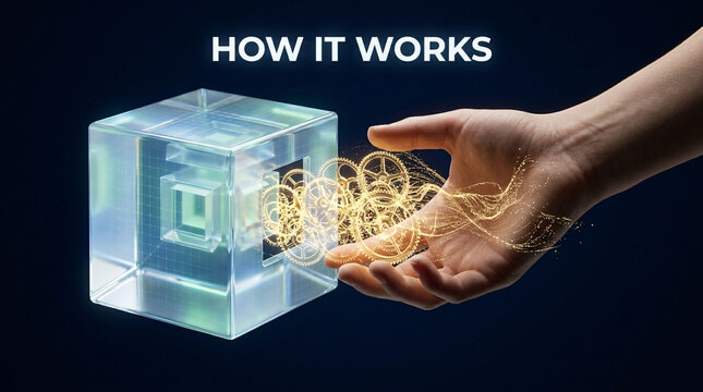 Human hand interacting with golden glowing gears flowing from a glass cube with "HOW IT WORKS" text