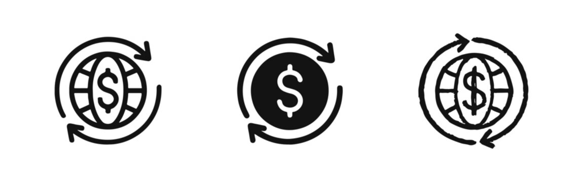 Global money circulation and currency exchange icon set with dollar globe and arrows in three styles