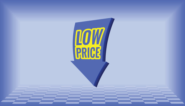 Modern Blue arrow Low Price vector sign in blue box with metallic border and an exclamation mark