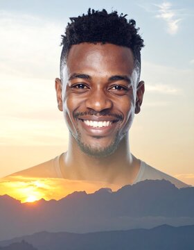 Smiling Man in Front of Sunset Landscape.