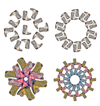 Cowboy and cowgirl boot mandala designs with hand-drawn graphic, frames for posters and western layouts