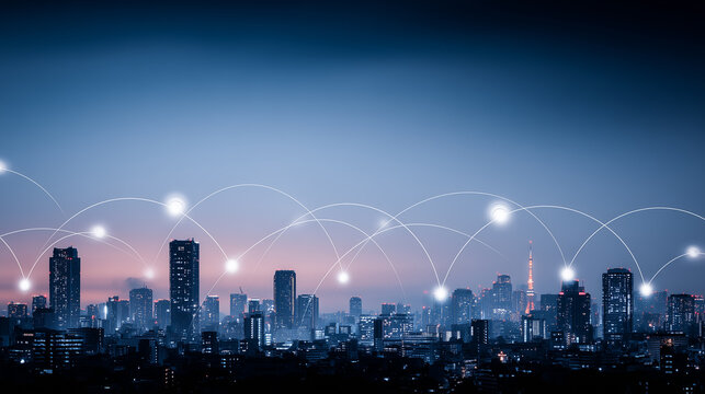 A city skyline linked by glowing arcs represents urban connectivity, smart city infrastructure, and seamless communication across a modern metropolitan network.
