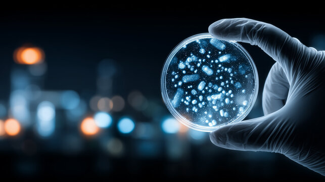 A gloved hand holding a petri dish with microbial colonies, representing laboratory testing, microbiology research, contamination analysis, and scientific investigation in modern healthcare.
