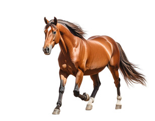 Obraz premium Sunny bay stallion in mid-gallop at full view highlighting chestnut coat and flowing mane