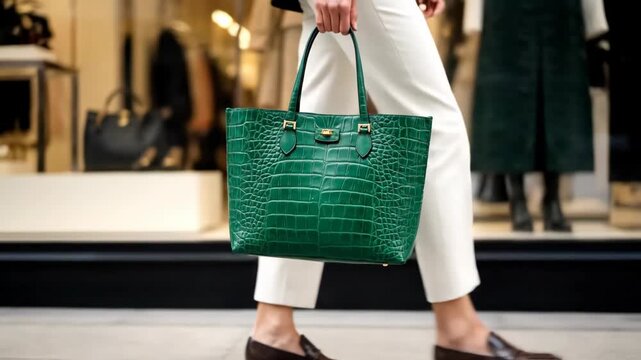 Woman walks with green handbag, shopping in urban environment