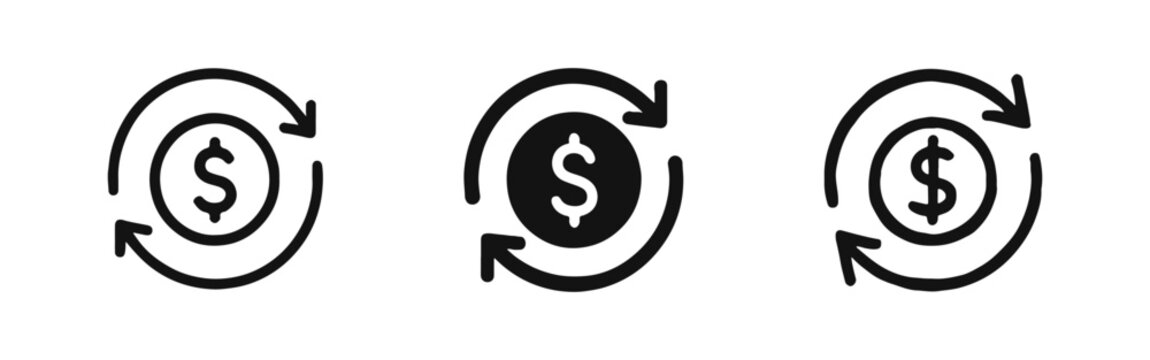 Cash flow and money cycle icon set featuring dollar coin with circular arrows in three styles