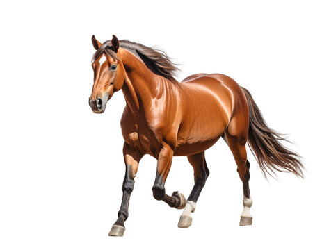Sunny bay stallion in mid-gallop at full view highlighting chestnut coat and flowing mane