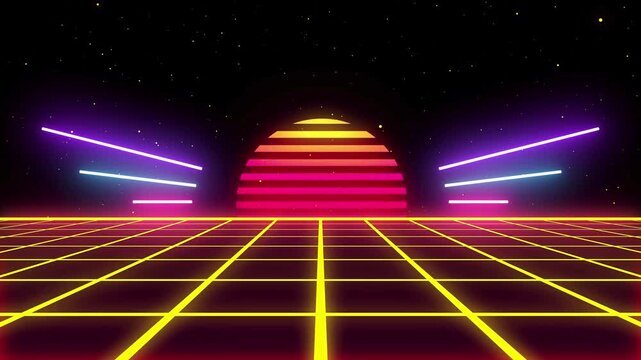 Retro digital landscape with vibrant neon grid and sunset, 80s synthwave aesthetic