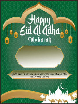 poster  Happy Eid Al Adha card with bacground green mosque
