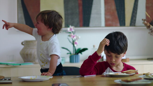Young children sitting at table during mealtime with one child crying and pointing while older sibling sits pensive and disengaged showing contrasting emotions in home environment