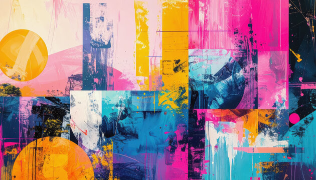 Energetic abstract collage bursts with bold geometric shapes and expressive paint splatters. Vibrant pinks, yellows, and blues collide in a mix of sharp figures, creating a chaotic urban background