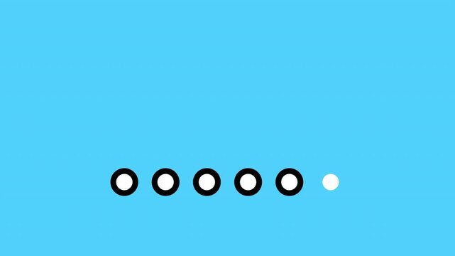 Clean minimal motion graphics featuring six white dots progressively outlined in black on a blue background, creating a clear loading and progress indicator effect