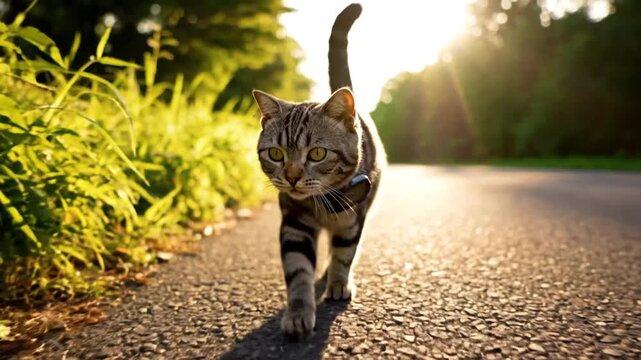Low angle shot of a tabby cat walking towards the camera on a sunlit asphalt road with a rural background.