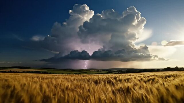 Epic time-lapse of a thunderstorm forming over a golden wheat field with striking lightning strikes