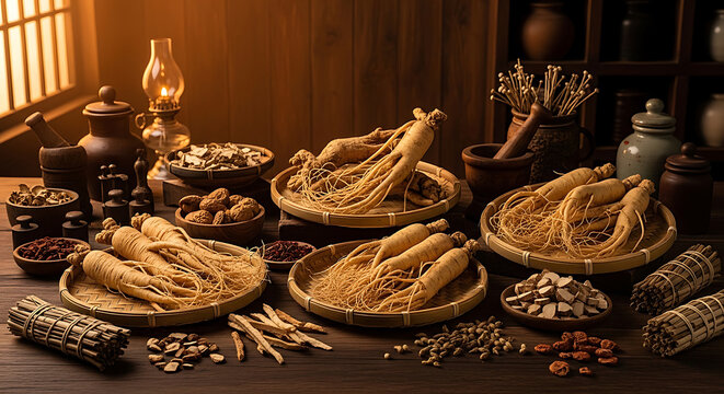 Traditional Asian Medicine with Fresh Ginseng Roots and Dried Herbs