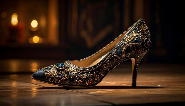An elegant, high-heeled shoe, richly decorated with gold filigree and a jewel, rests on a wooden surface, soft lighting