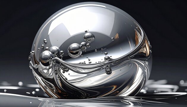 Macro shot of reflective chrome sphere with distorted interior reflections on dark surface