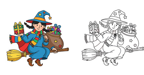 Fototapeta premium Cute Witch Flying on Broomstick with Christmas Gifts Coloring Page, Festive Holiday Activity for Kids Vector Illustration