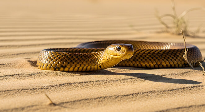 Closeup of a venomous inland taipan snake resting on the sand in a desert environment