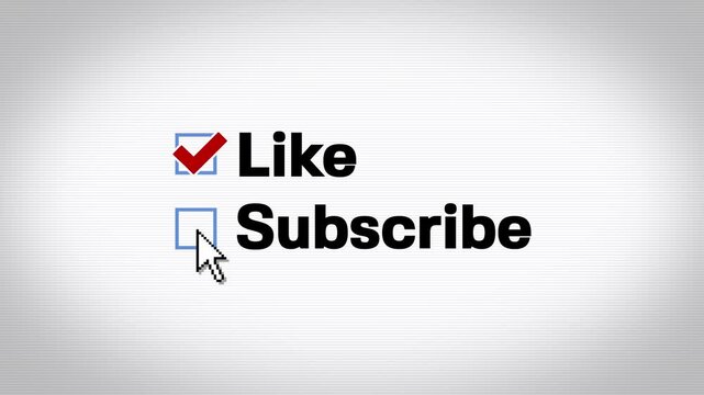 Animated like and subscribe graphic with check marks and cursor click, ideal for social media videos, streaming channels, and content creator calls to action. With optional green screen and luma matte