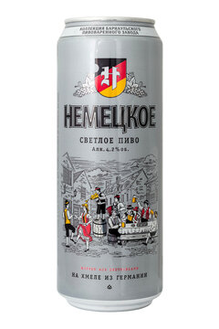 A German Light beer can. The can lists the beer's ingredients and alcohol content. Country of origin Russia, city Barnaul