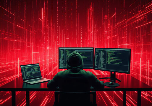 Anonymous hacker with multiple monitors against red matrix code