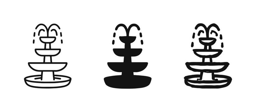 Tiered water fountain icon set in outline, solid, and hand-drawn sketch styles