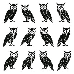 Naklejka premium Detailed Geometric Owl and Night Bird Silhouette Set