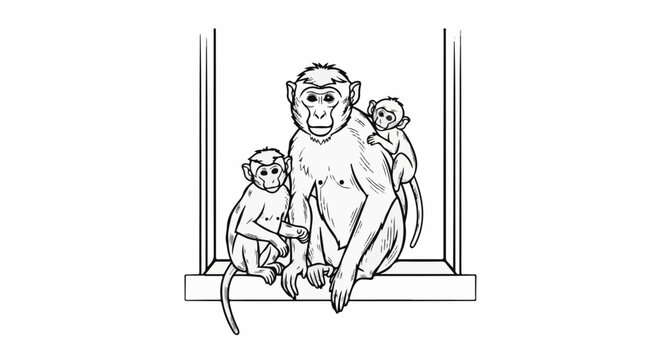 A line drawing shows a family of three monkeys, two small, one large, sitting together