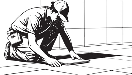 A man kneeling and installing tile flooring depicted in a striking black silhouette high quality .Flooring Worker Laying Tiles © BULBULI
