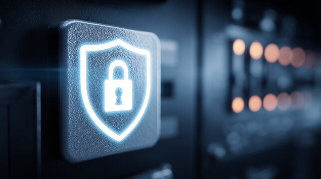 Shield lock icon on a server cabinet showing cybersecurity defense, data protection and secure network infrastructure.
