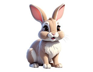 Fototapeta premium Cute 3d cartoon rabbit sitting on white background with pink ears and fluffy fur