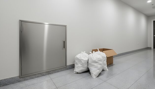 White plastic trash bags and box left on the floor near a stainless steel trash chute in a modern apartment hallway for a waste management and sanitation concept