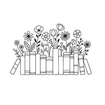 Minimalist black and white line art vector illustration of wildflowers and plants growing from a stack of books. Ideal for coloring pages, tattoo designs, bookish merchandise